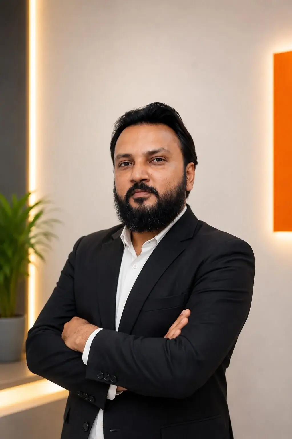 Corporate executive headshot of Syed Ahmed Ali with modern office studio background