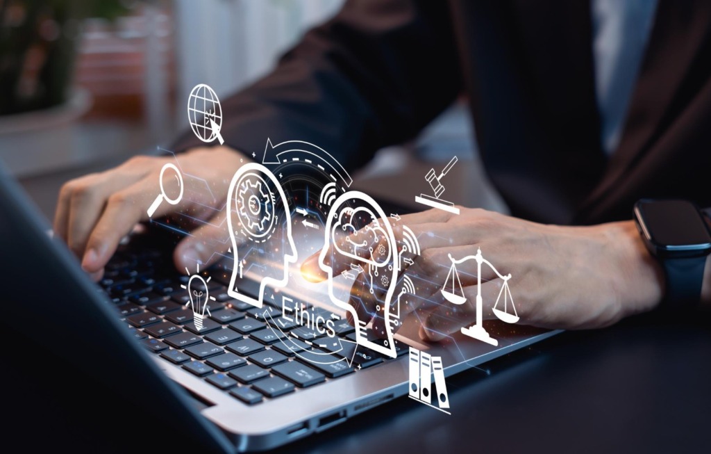 Hands typing on keyboard with digital code and workflow graphics overlaid