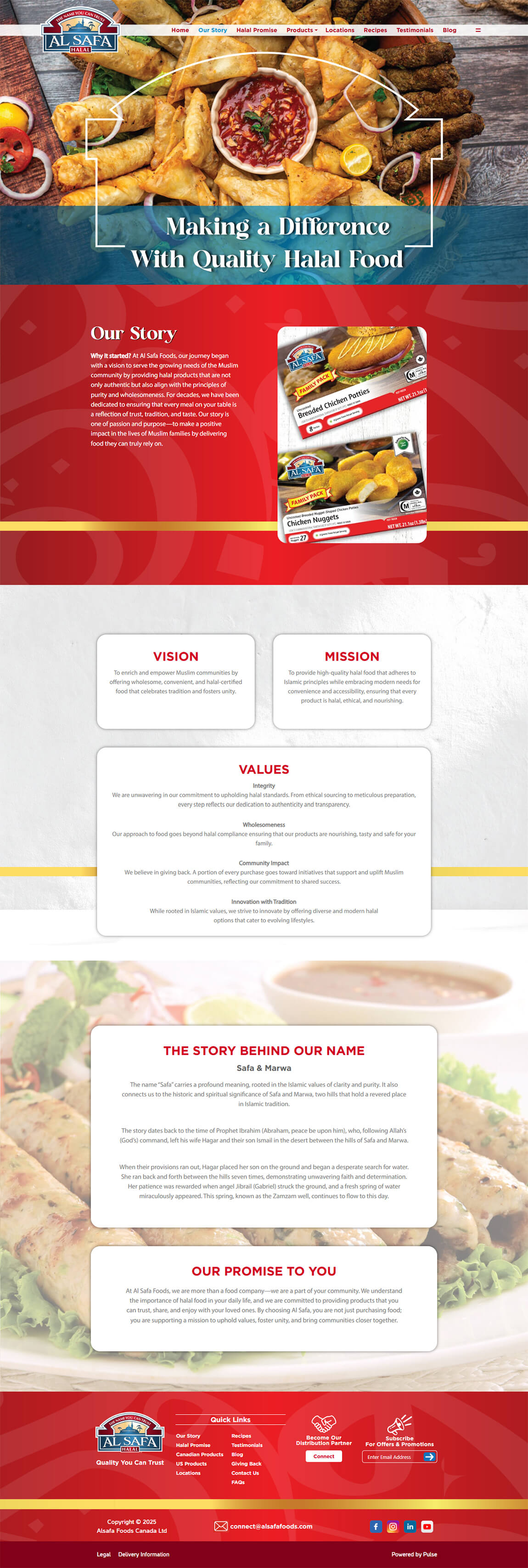 Clean desktop webpage section for Al Safa Foods displaying company background and recipe grids