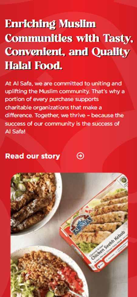 Red mobile web card for Al Safa Foods highlighting charitable giving and community upliftment