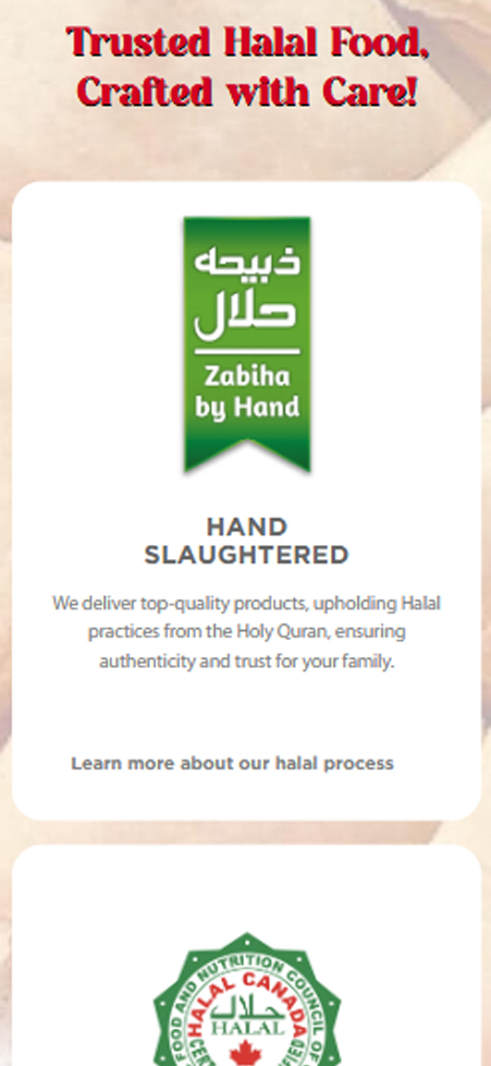 Green Halal logo emblem card on Al Safa Foods mobile website reading Zabiha by Hand and Hand Slaughtered