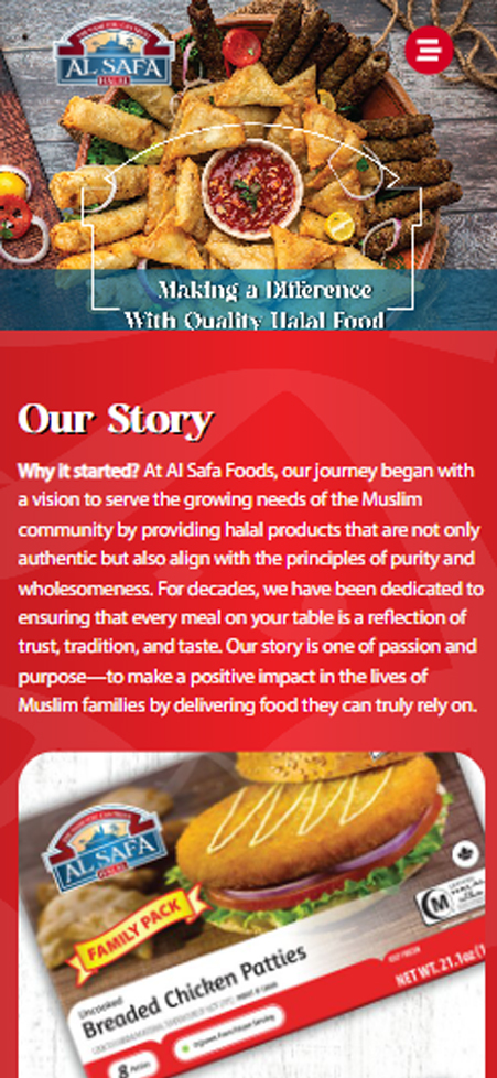Text-focused red mobile website section detailing Al Safa Foods story and commitment to Muslim community