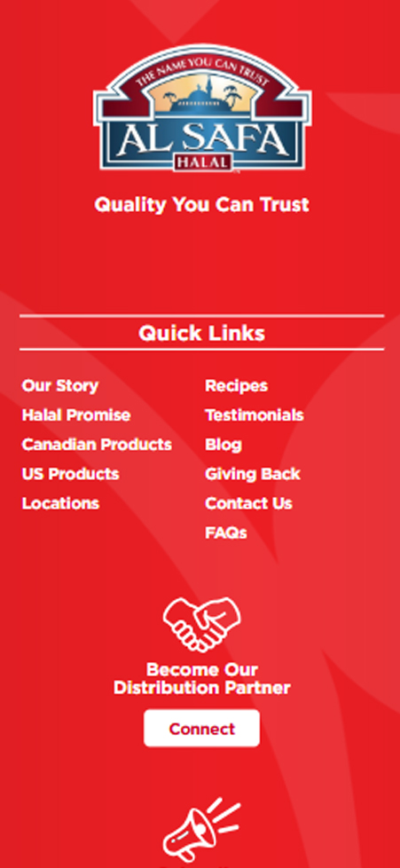 Red mobile website footer card displaying Quick Links menu for Al Safa Foods