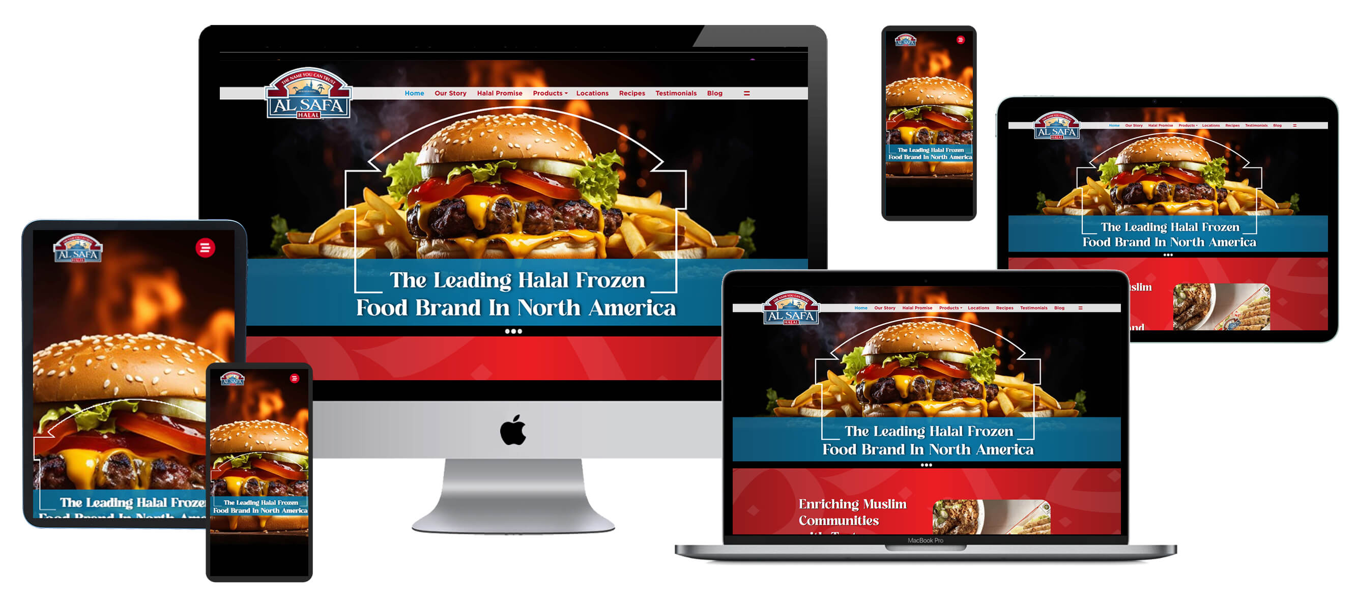 Multi-device screen mockup displaying Al Safa Foods website across desktop, laptop, and mobile smartphone