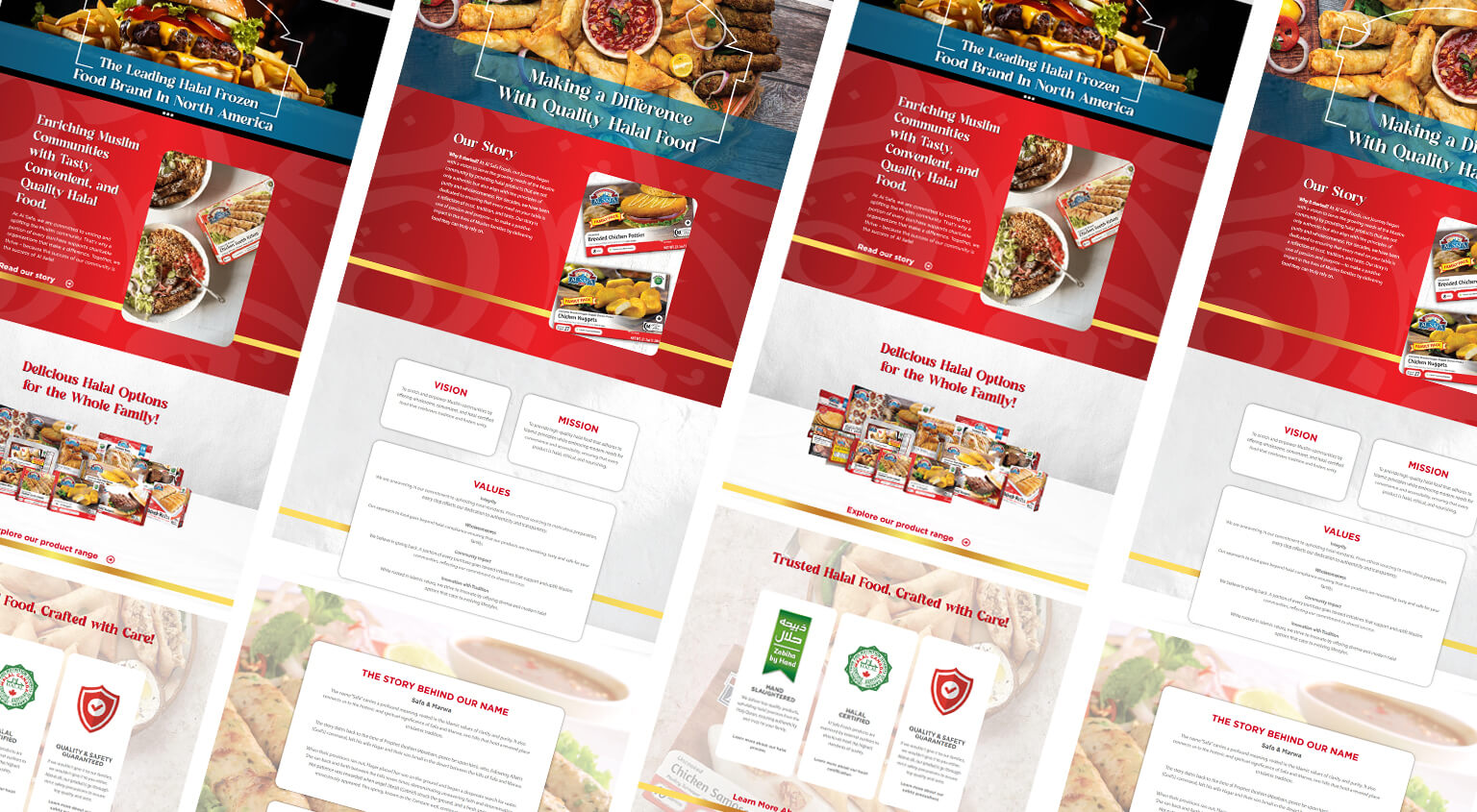 Isometric perspective grid display showing webpage layouts for Al Safa Halal Foods website