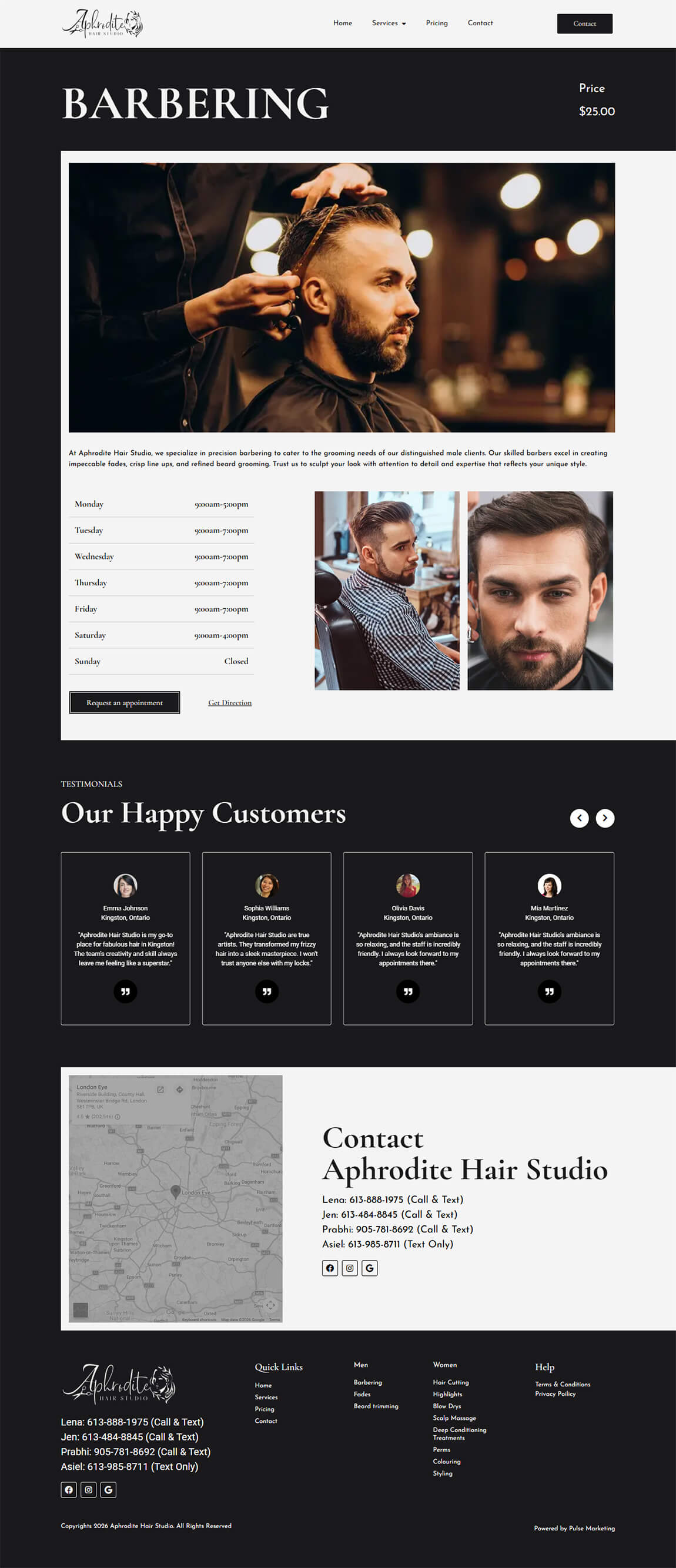 Dark desktop webpage layout section for Aphrodite Hair Studio showing customer testimonials and team bios