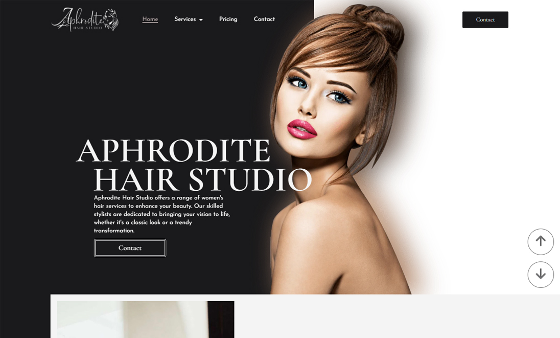 High-fashion hair model banner for Aphrodite Hair Studio website featuring glamorous styling