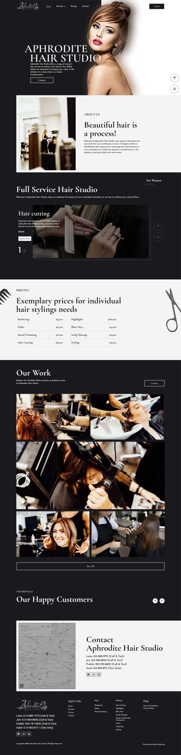 Complete vertical desktop homepage mockup for Aphrodite Hair Studio website