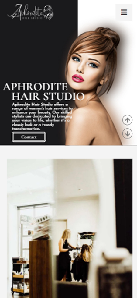 Mobile hero section for Aphrodite Hair Studio with glamour portrait and salon headline