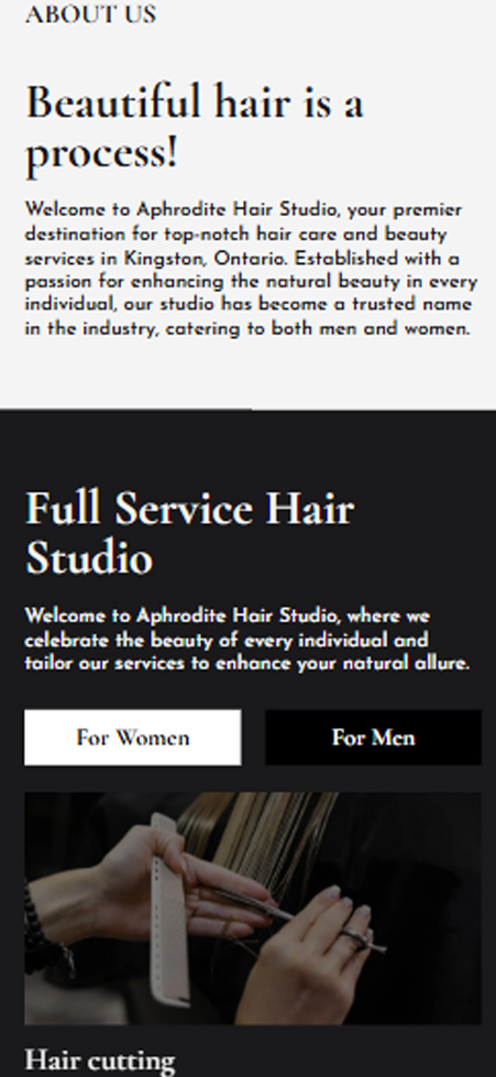 Dark mobile webpage intro section for Aphrodite Hair Studio with headline Full Service Hair Studio