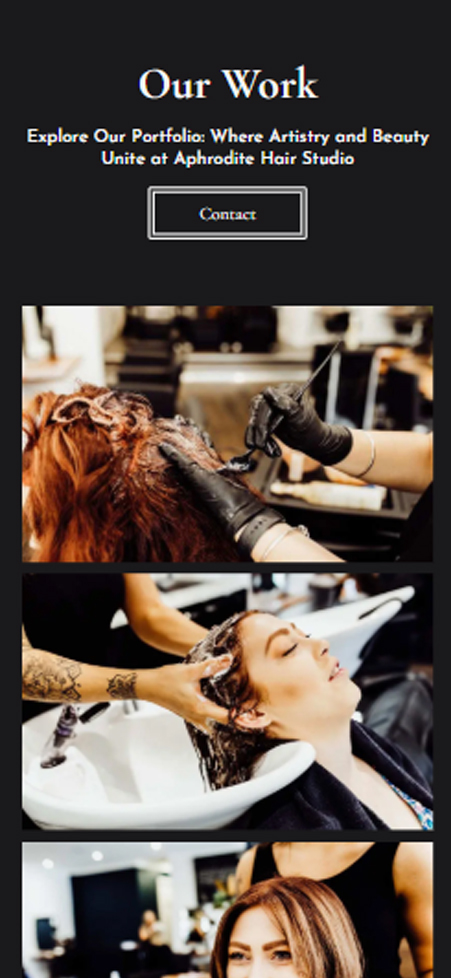 Stylist applying hair dye and coloring photo on Aphrodite Hair Studio mobile website