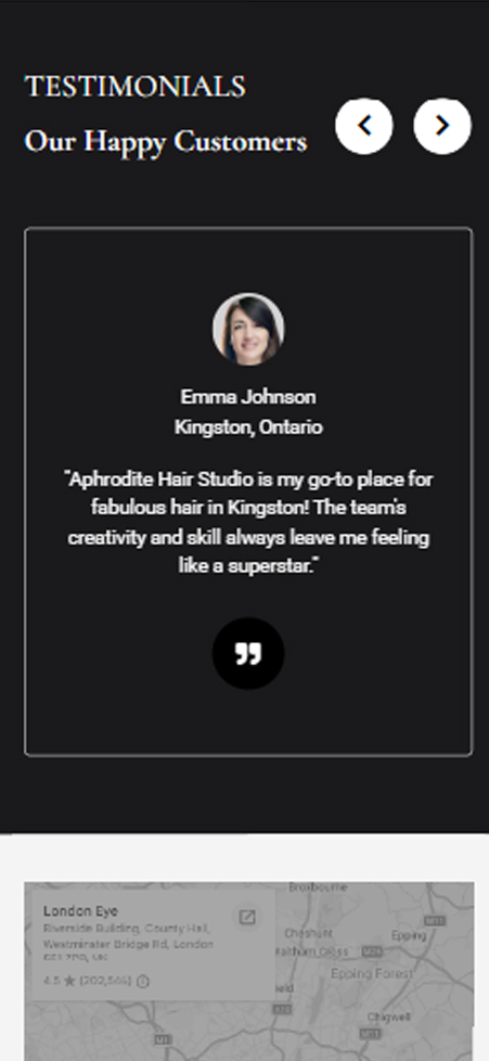 Customer review mobile web section for Aphrodite Hair Studio with client portrait photo