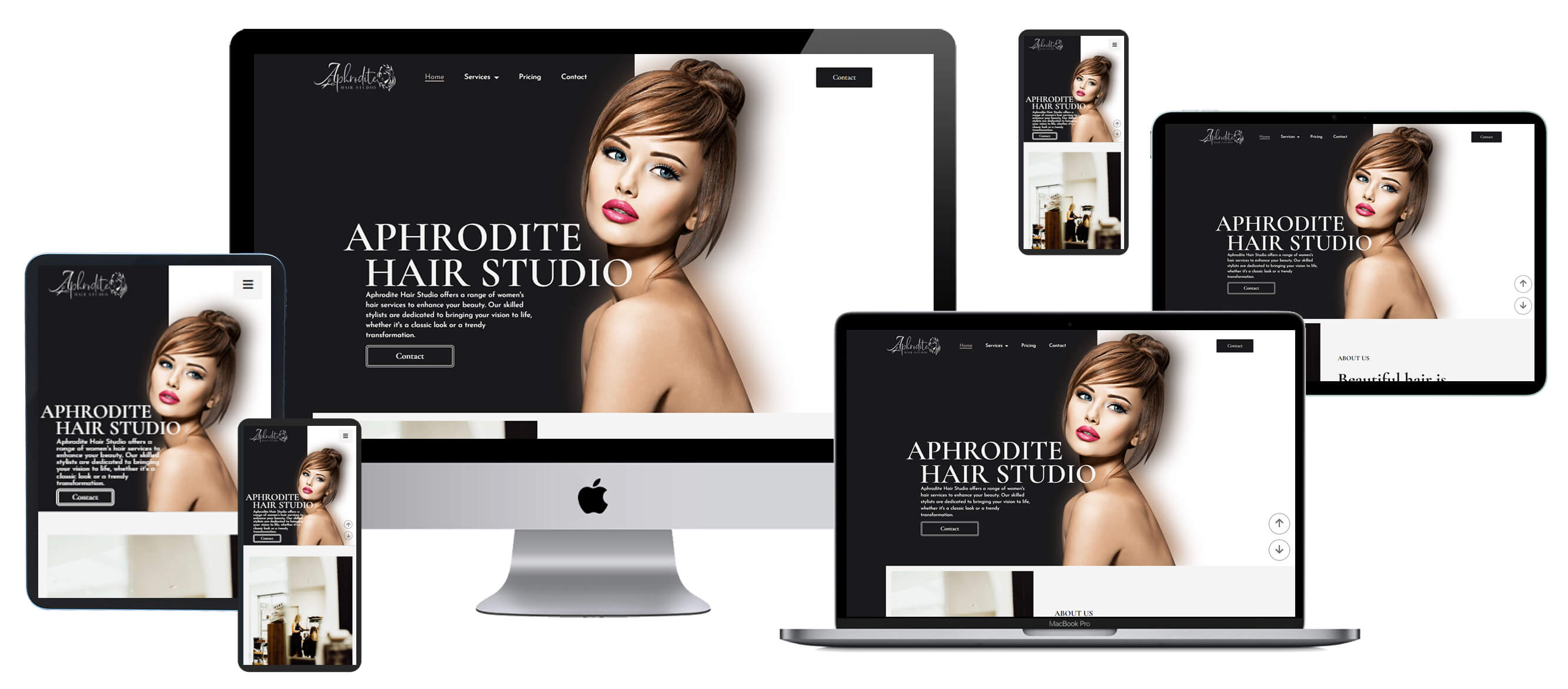 Multi-device responsive screen layout for Aphrodite Hair Studio displayed on desktop, laptop, and phone