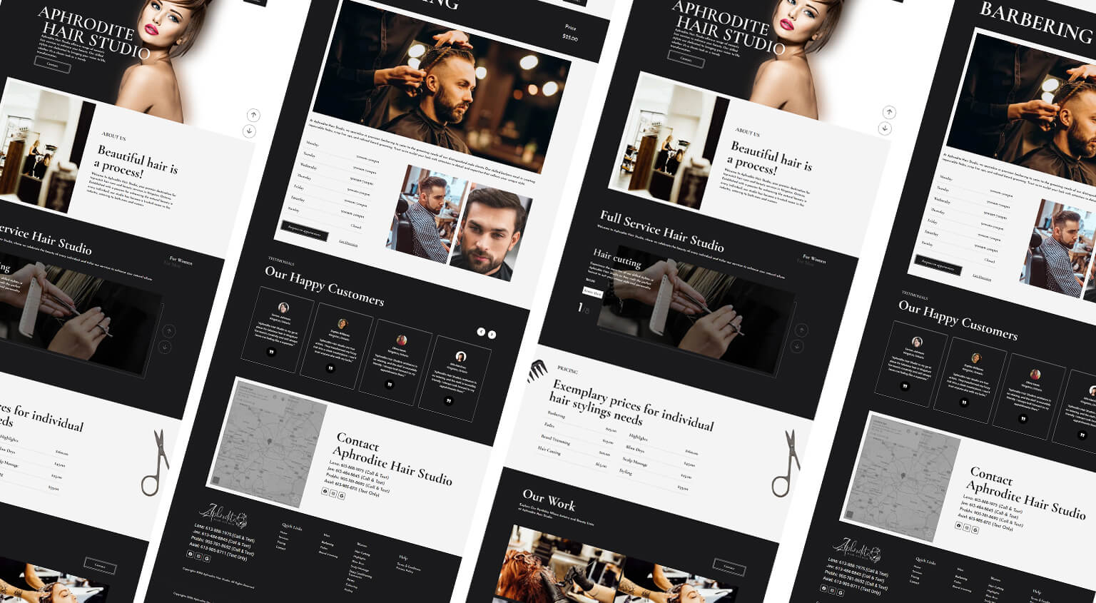 Isometric perspective presentation showing webpage layouts for Aphrodite Hair Studio website
