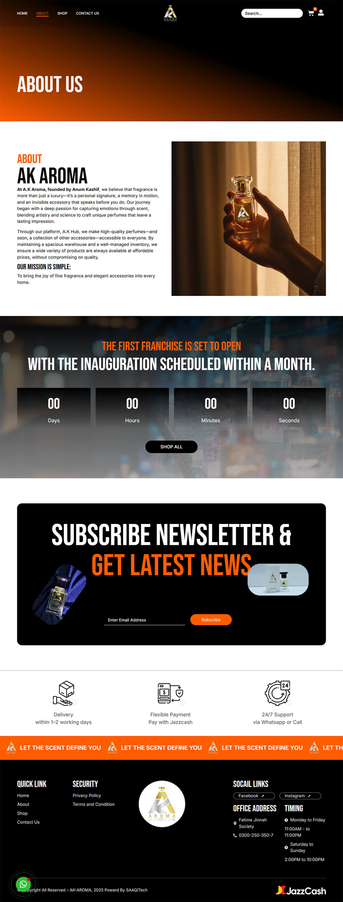 Modern dark-themed desktop page layout for AK Aroma about us and newsletter subscription section