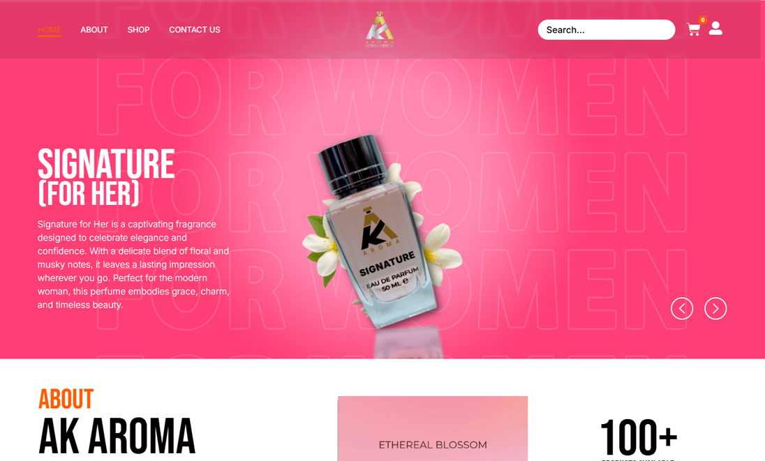 Vibrant pink perfume bottle advertisement banner for Aroma fragrance brand website