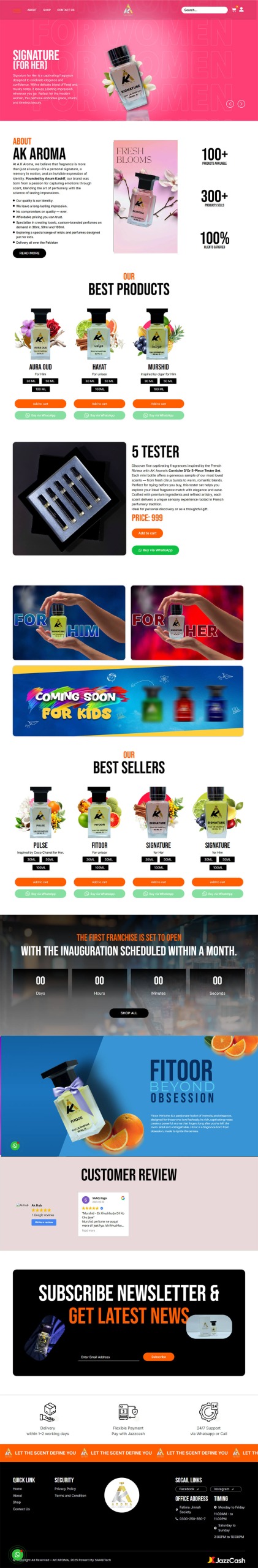 Complete full-length desktop homepage design layout for AK Aroma e-commerce perfume shop