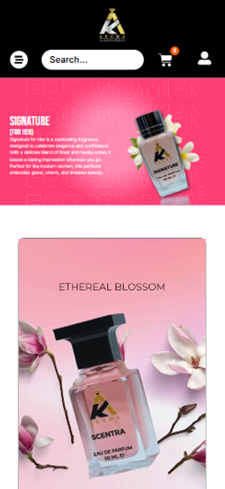 Soft pink product banner for Ethereal Blossom perfume line on mobile screen