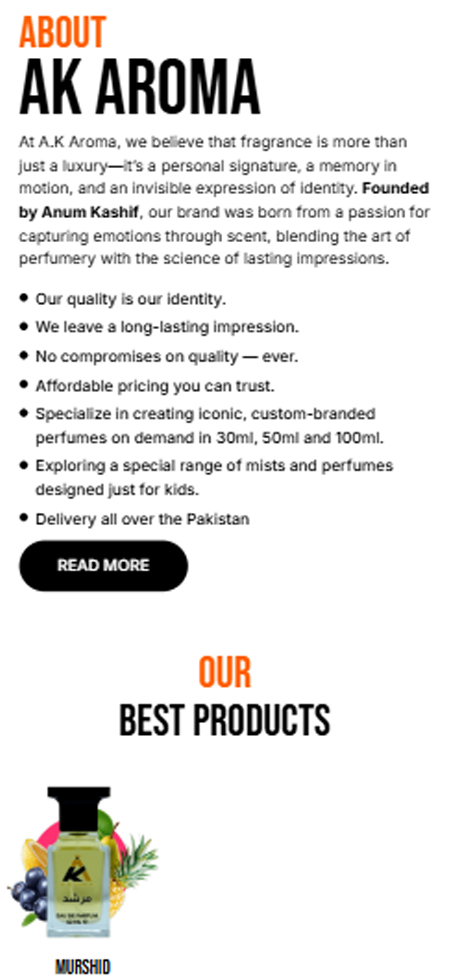 Bulleted features text list layout on mobile web page emphasizing quality and nation-wide delivery