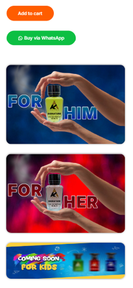Mobile ad banners displaying perfume collections for him and for her with hand holding fragrance bottles