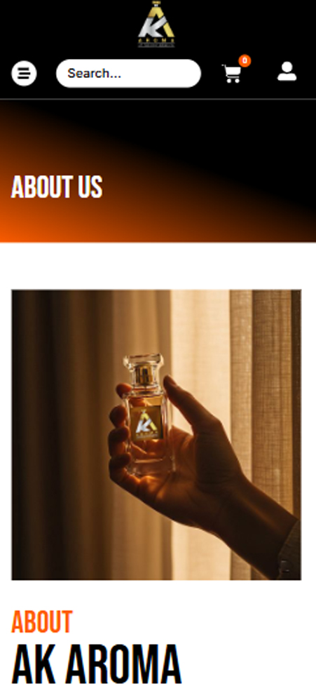 Close-up holding perfume bottle photograph featured on mobile website about us section