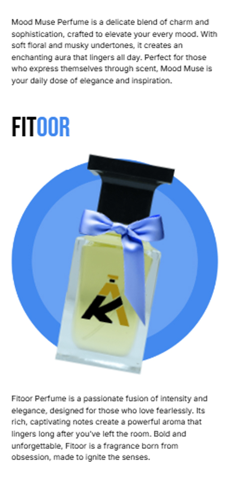 Perfume bottle graphic with blue ribbon accent on a circular blue background for mobile app