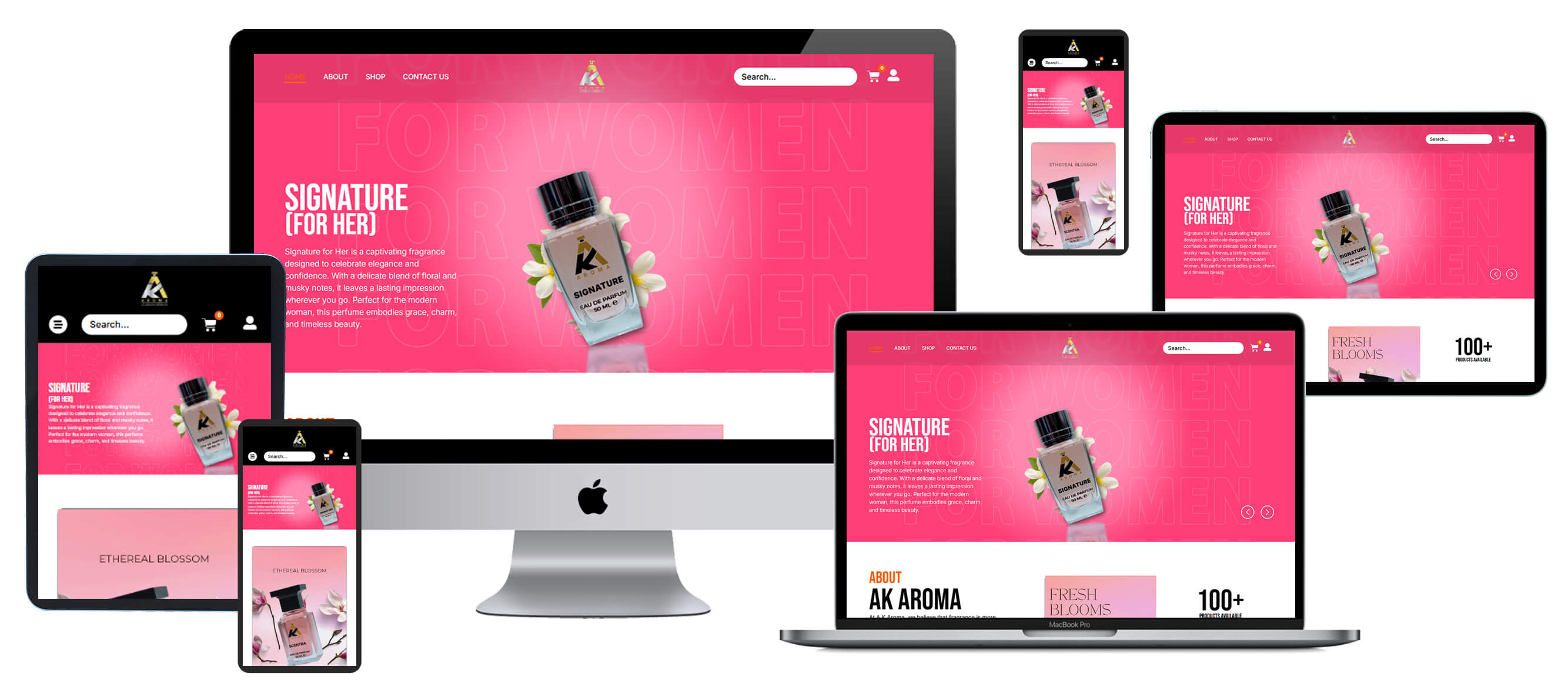 Multi-device screen mockup displaying Aroma perfume e-commerce website on desktop, laptop, and mobile screens