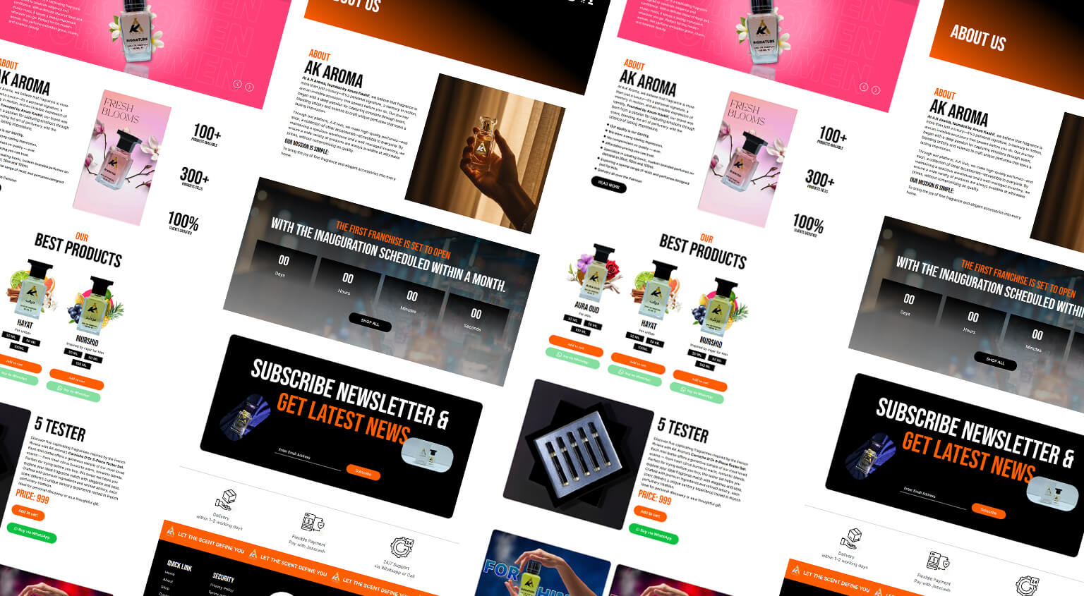 Isometric perspective grid display showing website page layouts for Aroma fragrance store