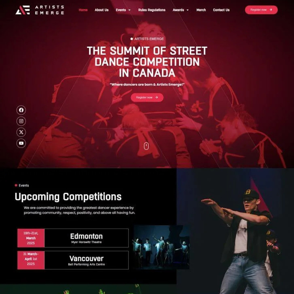 Web design portfolio section reading The Summit of Street Dance Competition in Canada with energetic breakdancers