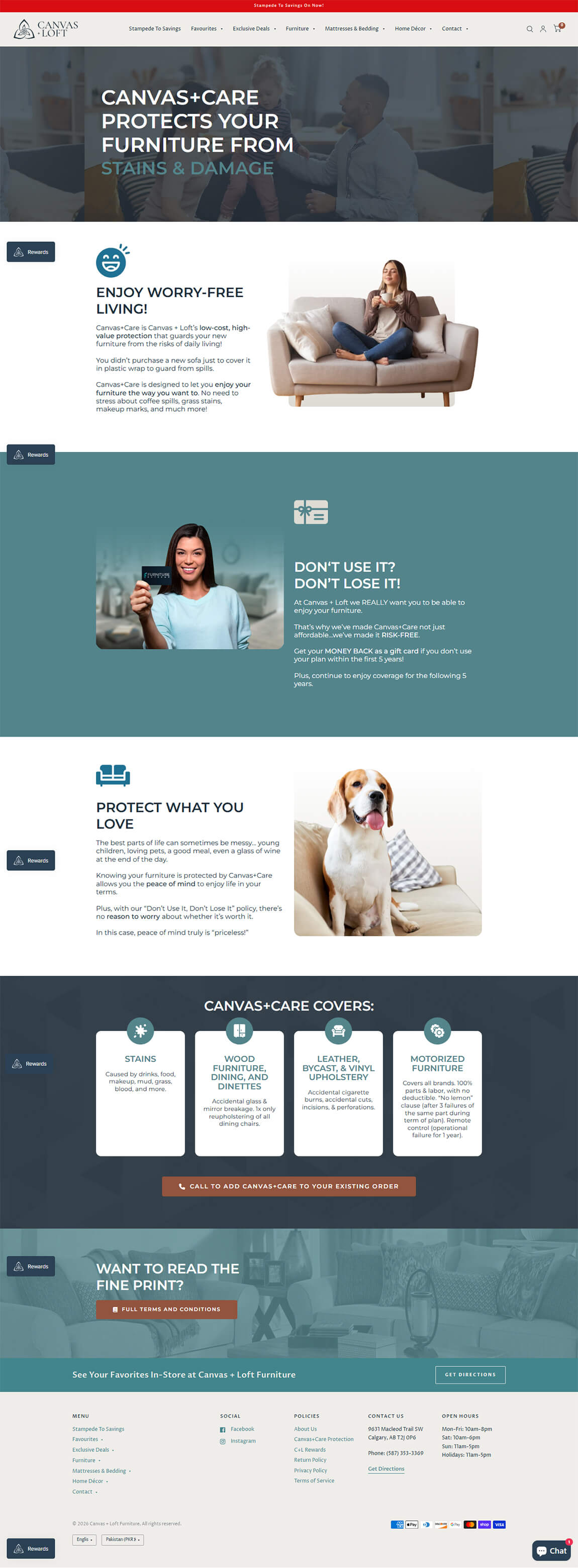 Desktop webpage layout section for Canvas + Loft displaying furniture protection plans and golden retriever dog photo