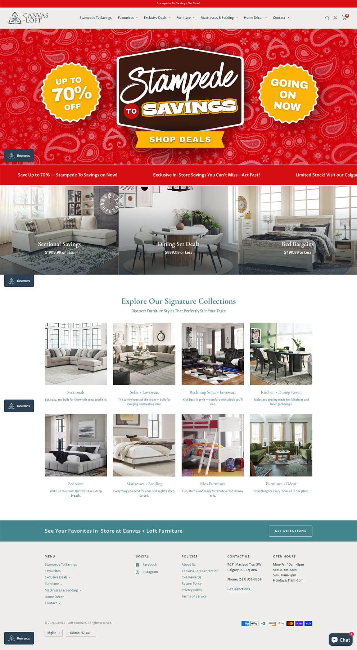 Full desktop homepage website design layout for Canvas + Loft furniture e-commerce store