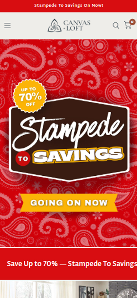 Red mobile hero card for Canvas + Loft with yellow badge reading Up to 70% Off Stampede to Savings