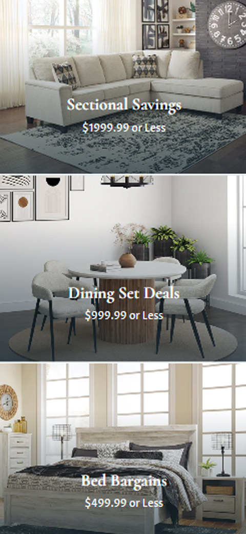 Round wooden dining table with grey chairs featured on Canvas + Loft mobile card reading Dining Set Deals $999.99 or Less