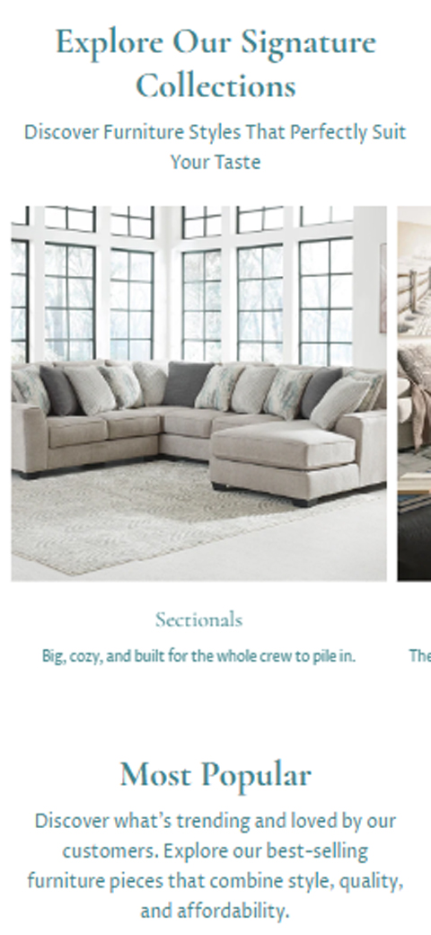 Modern L-shaped grey sectional sofa on rug in bright living room featured on Canvas + Loft mobile website