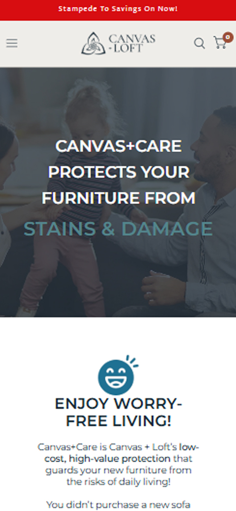 Mobile layout card reading Canvas Care Protects Your Furniture From Stains & Damage with family living room background