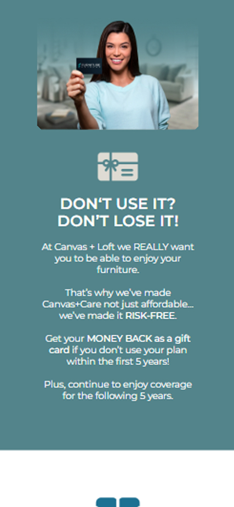Teal mobile card for Canvas + Loft explaining risk-free furniture protection warranty policies
