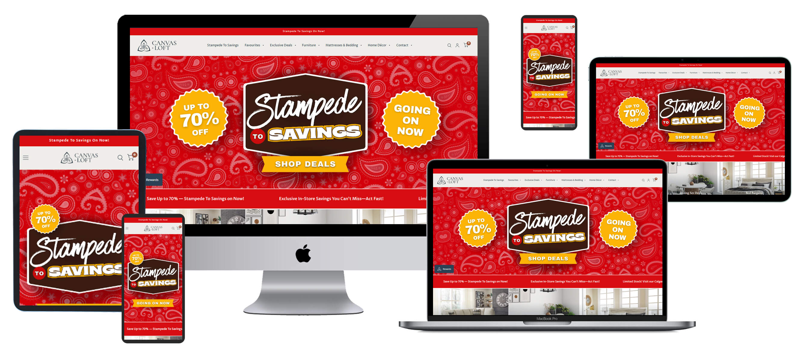 Multi-device screen mockup displaying Canvas + Loft furniture website across desktop, laptop, and mobile smartphone