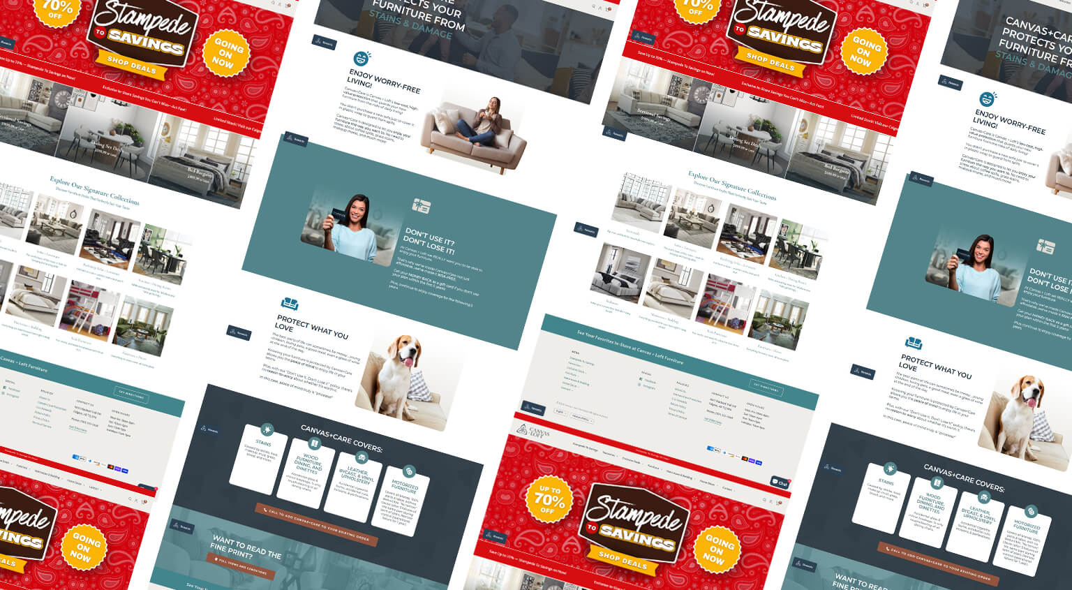 Isometric perspective grid display showing teal and red webpage layouts for Canvas + Loft furniture store