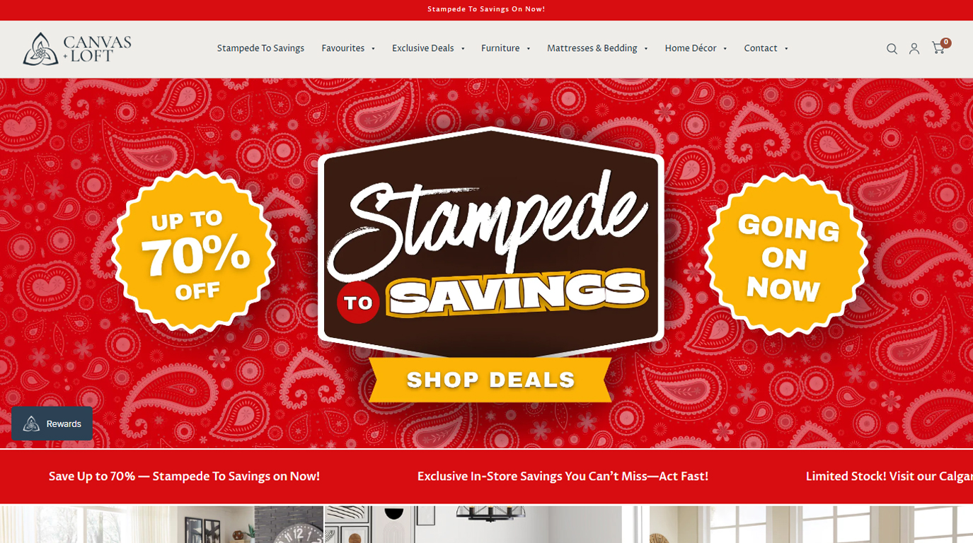 Red e-commerce promotional banner reading Stampede to Savings with yellow discount badge for Canvas + Loft furniture