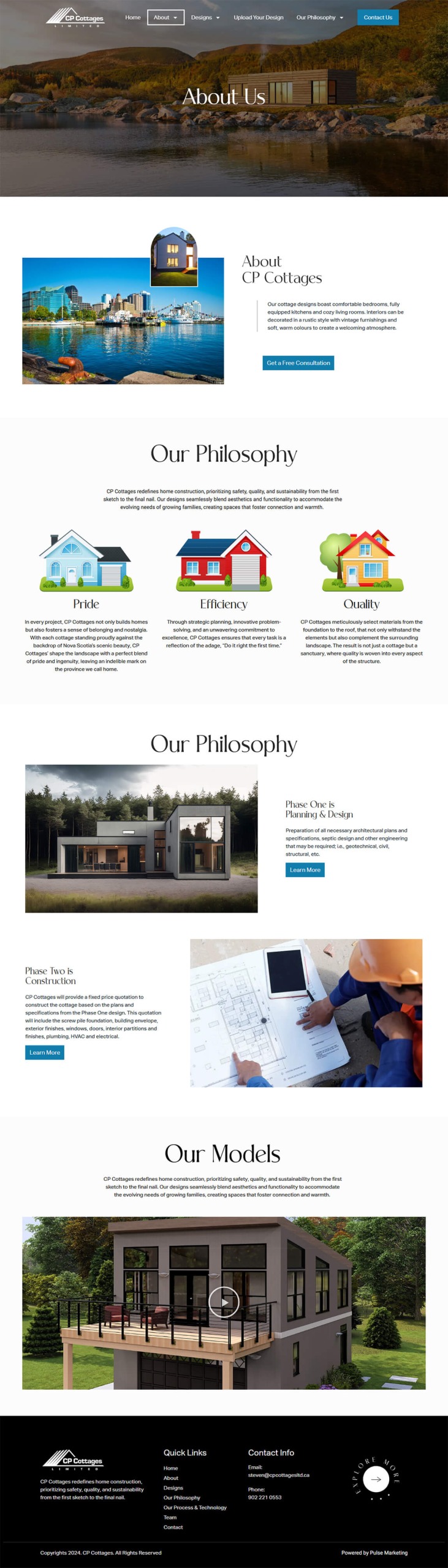 Desktop webpage layout section for CP Cottages displaying company philosophy, home illustrations, and modern cabin photo