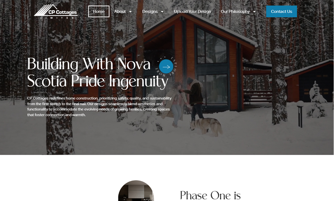Snowy winter landscape featuring modern A-frame cottage architecture for CP Cottages Limited