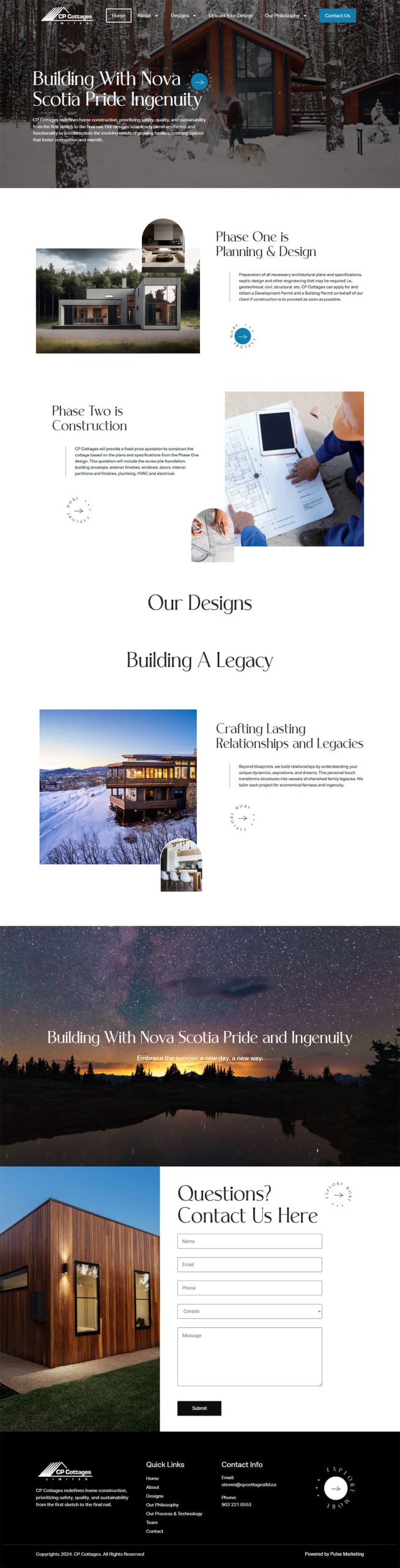 Full desktop homepage website design for CP Cottages custom cabin builders