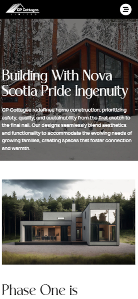 Text-focused mobile webpage layout for CP Cottages highlighting custom home functionality and warmth