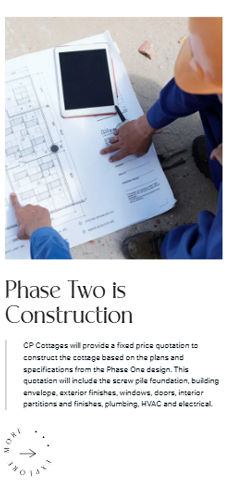 Hands reviewing architectural blueprints photograph on CP Cottages mobile website layout