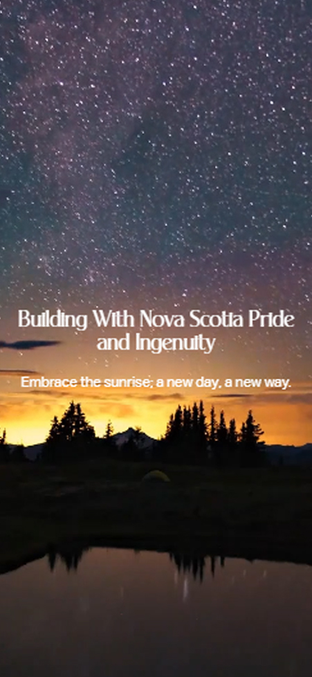 Starry night sky hero banner with headline Building With Nova Scotia Pride and Ingenuity for CP Cottages mobile