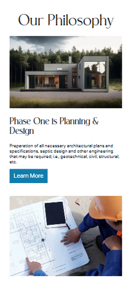 Mobile web card detailing Phase One Planning & Design for CP Cottages construction process