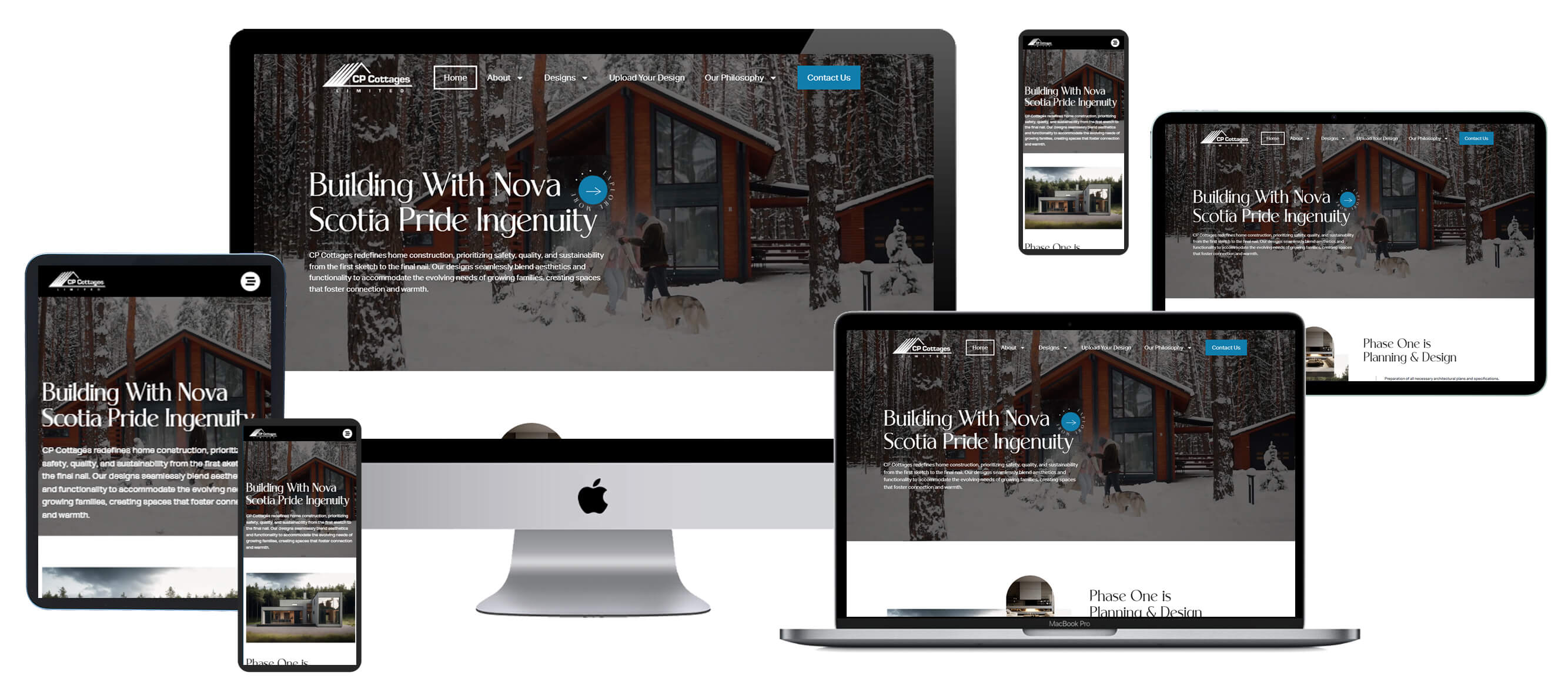 Multi-device screen mockup displaying CP Cottages website on desktop, laptop, and mobile smartphone