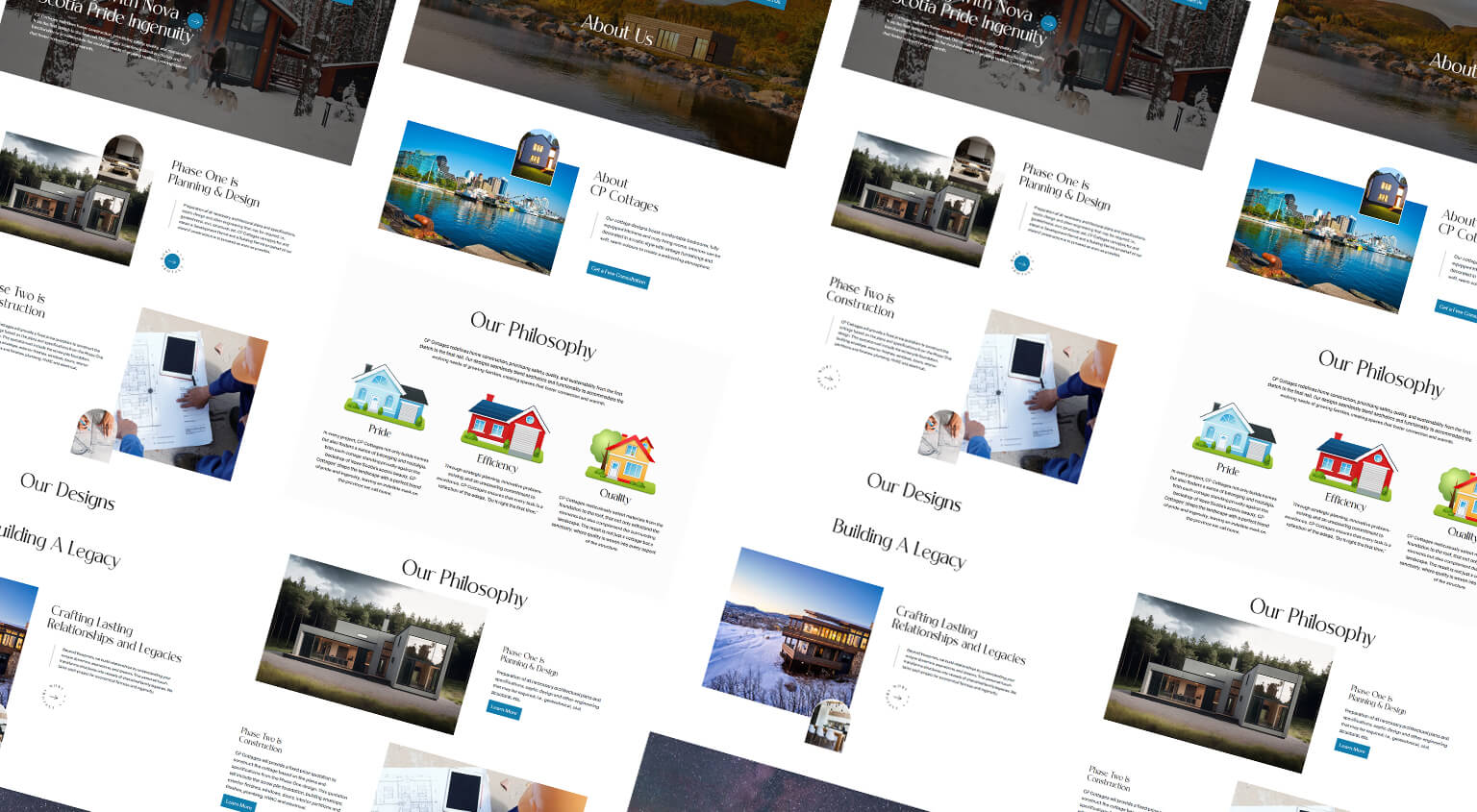 Isometric perspective grid display showing website layouts for CP Cottages winter cabin builders