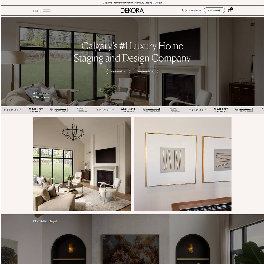 Web design portfolio layout for Dekora displaying luxury home staging header banner and framed wall art catalog grid
