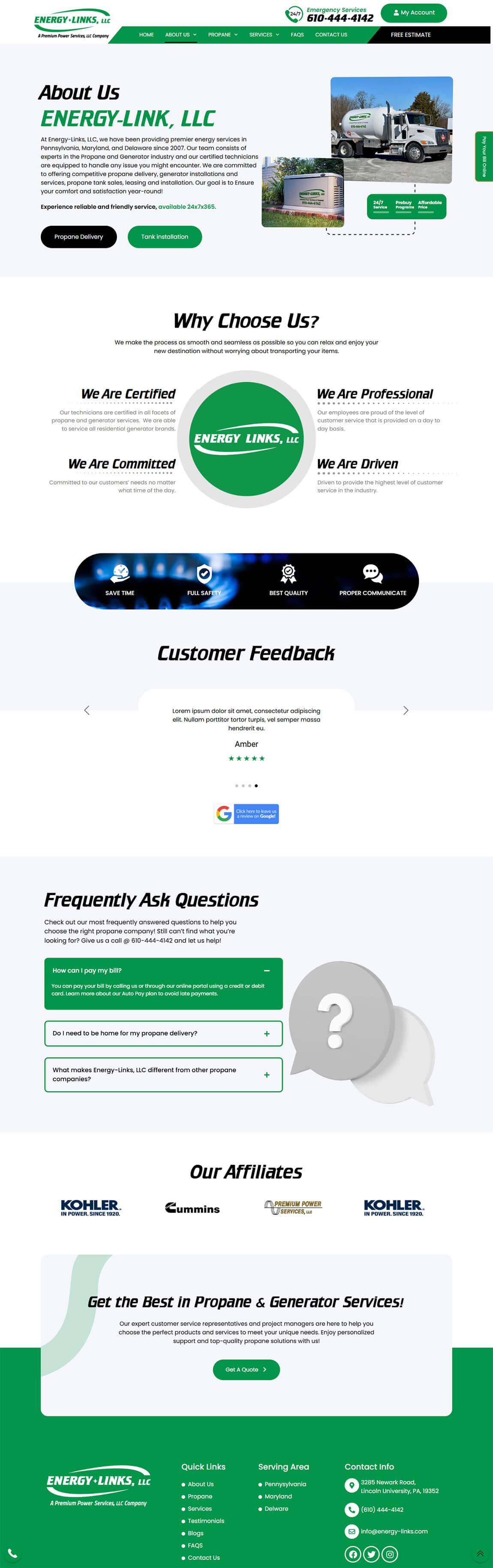 Desktop webpage section for Energy-Link displaying company history, customer feedback, and service values